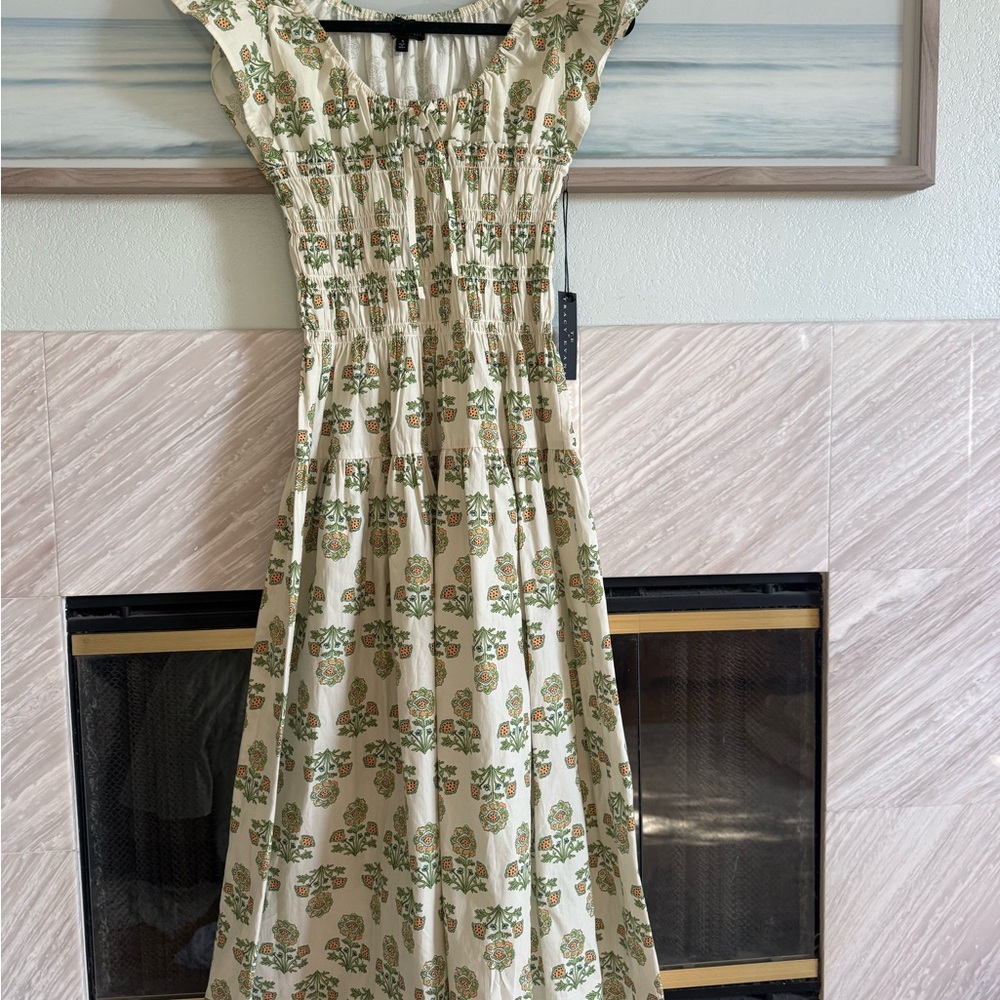 NWT block print Floral Smocked Maxi Dress in Cream and Green